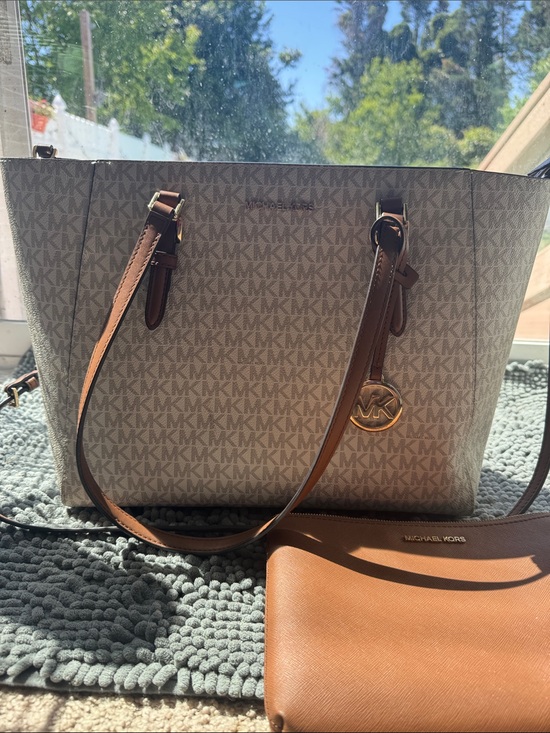 Michael Kors Handbags - Michael Kors Beige Signature MK Tote with Brown Leather Trim